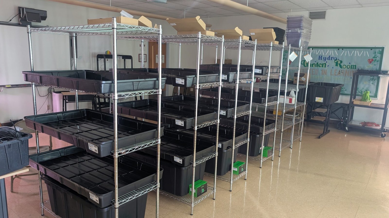 Hydroponic growing racks at the completed Copewood installation